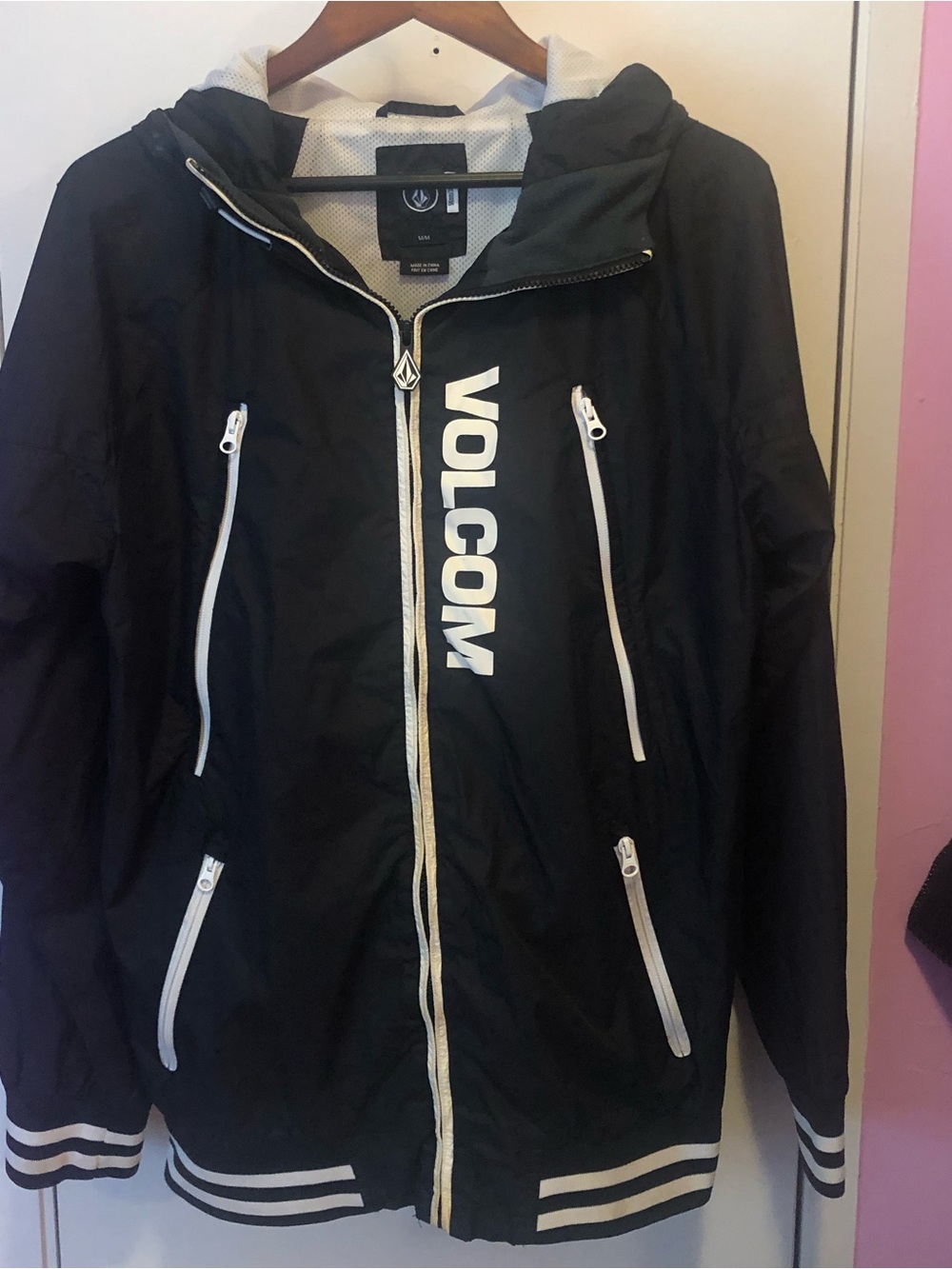 Volcom Black Hooded Windbreaker with White Zippers and Logo